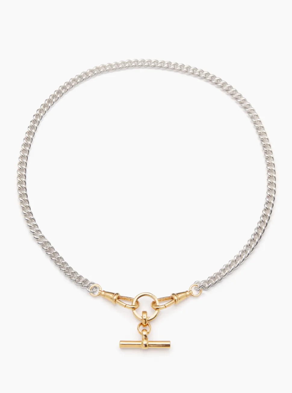 Small Gold T-bar on Slim Silver and Gold Curb Clipt Necklace