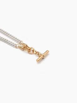 Small Gold T-bar on Slim Silver and Gold Curb Clipt Necklace