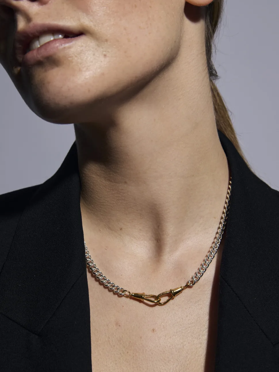 Small Gold T-bar on Slim Silver and Gold Curb Clipt Necklace