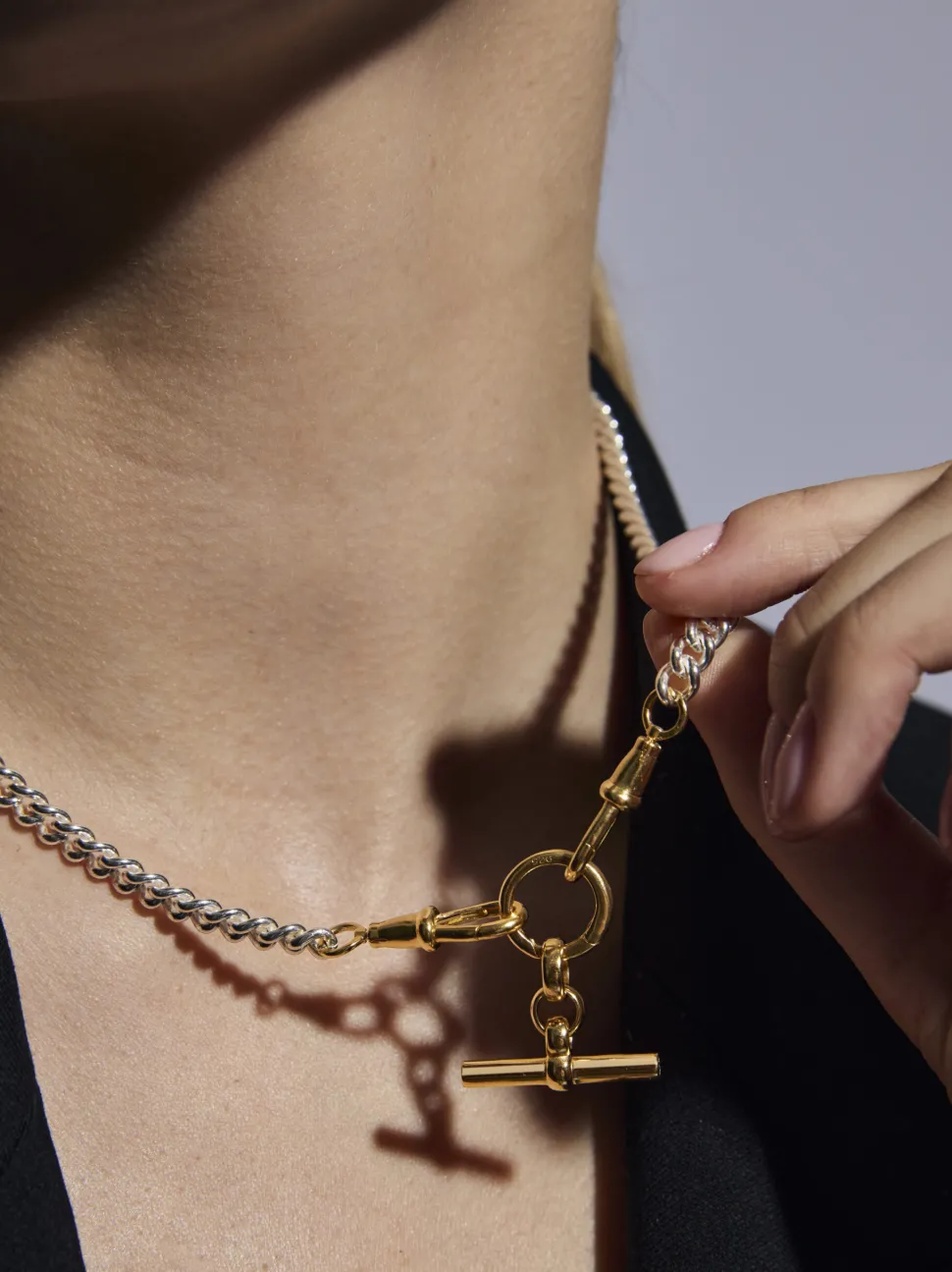 Small Gold T-bar on Slim Silver and Gold Curb Clipt Necklace