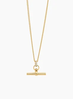 Small Jewelled Gold T-Bar On Fine Curb Chain