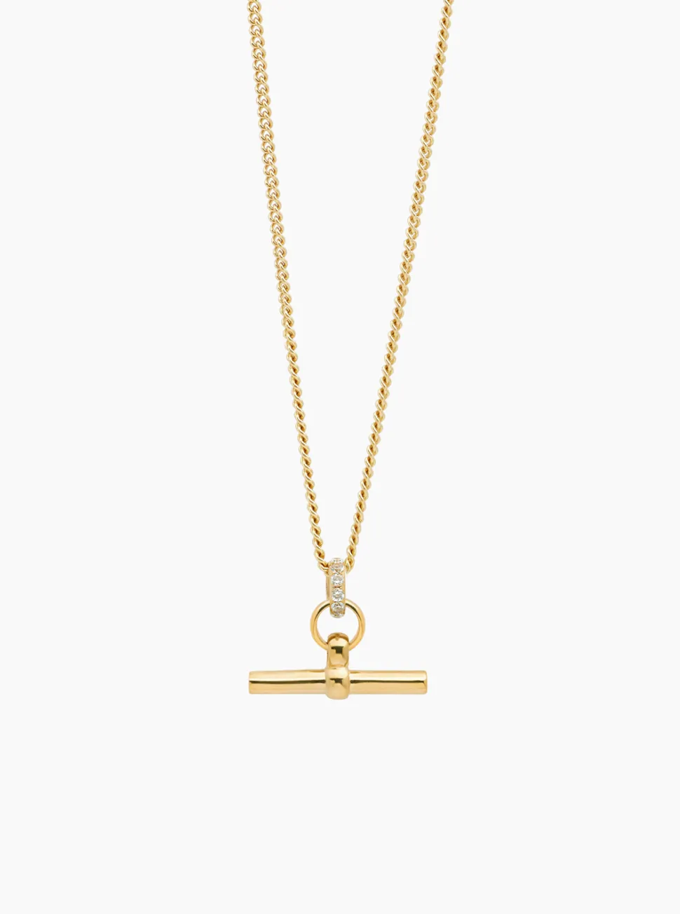 Small Jewelled Gold T-Bar On Fine Curb Chain