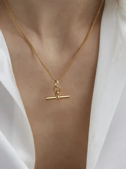 Small Jewelled Gold T-Bar On Fine Curb Chain