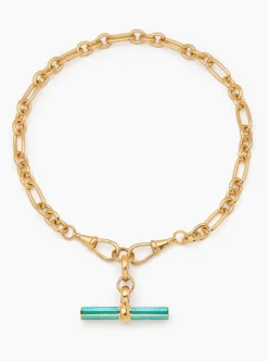 Turquoise Enamelled Giant Gold T-bar on Watch Clipt Necklace