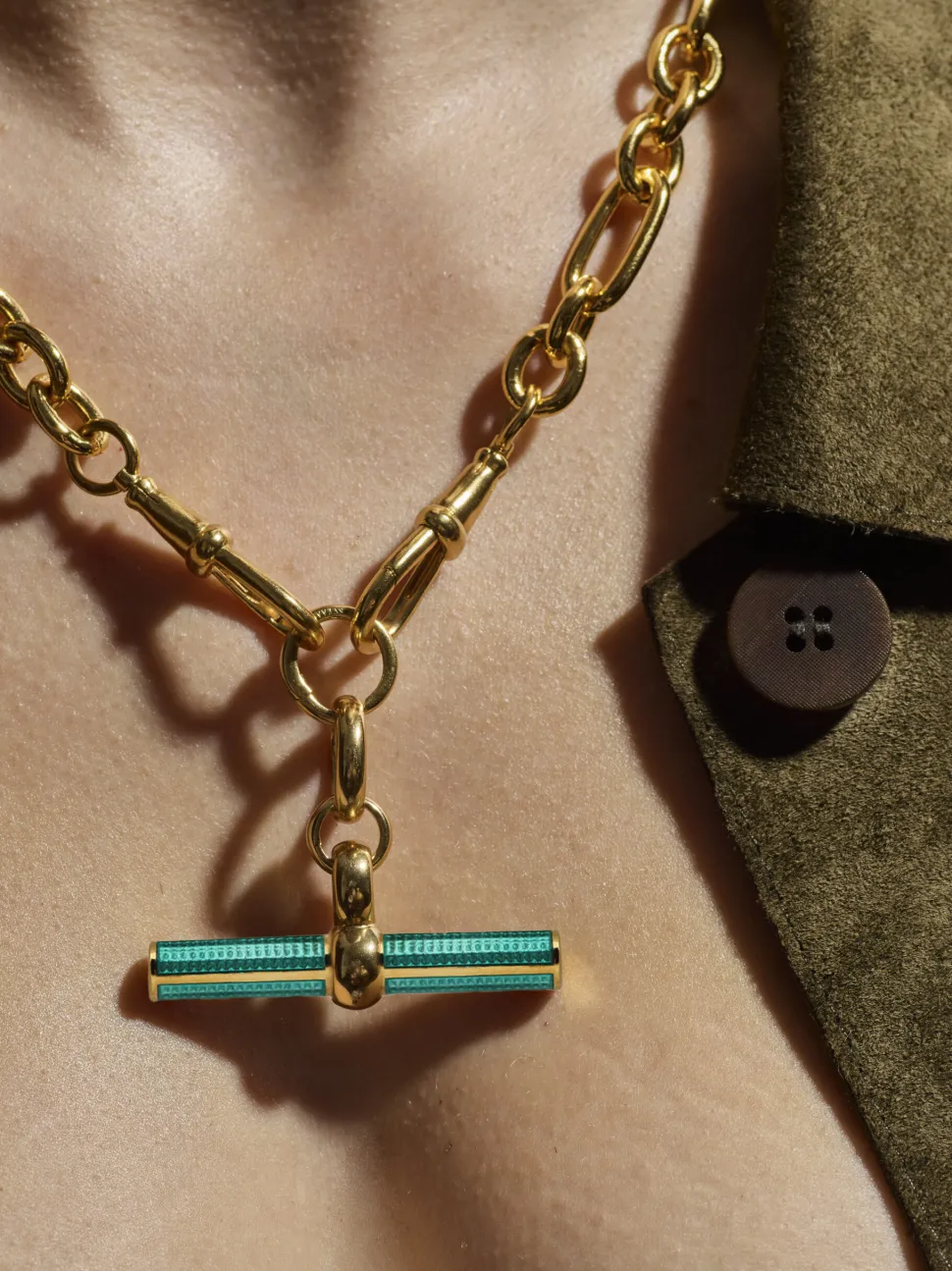 Turquoise Enamelled Giant Gold T-bar on Watch Clipt Necklace