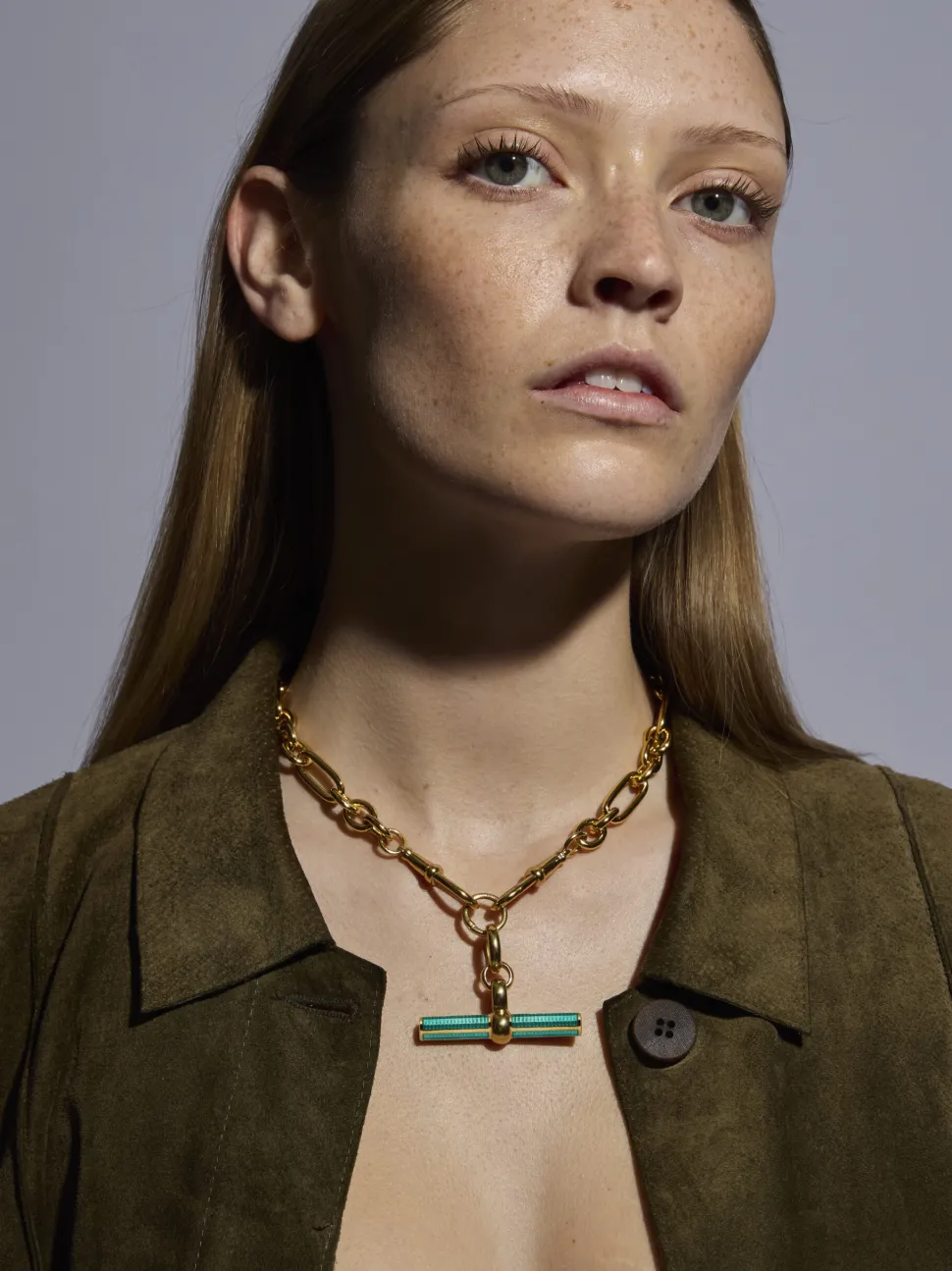 Turquoise Enamelled Giant Gold T-bar on Watch Clipt Necklace