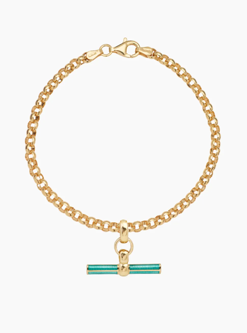 Turquoise Enamelled Small Gold T-bar on Belcher Bracelet