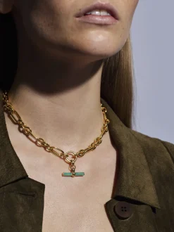 Turquoise Enamelled Small Gold T-bar on Clipt Watch Chain Necklace