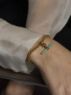 Turquoise Enamelled Small Gold T-bar on Belcher Bracelet