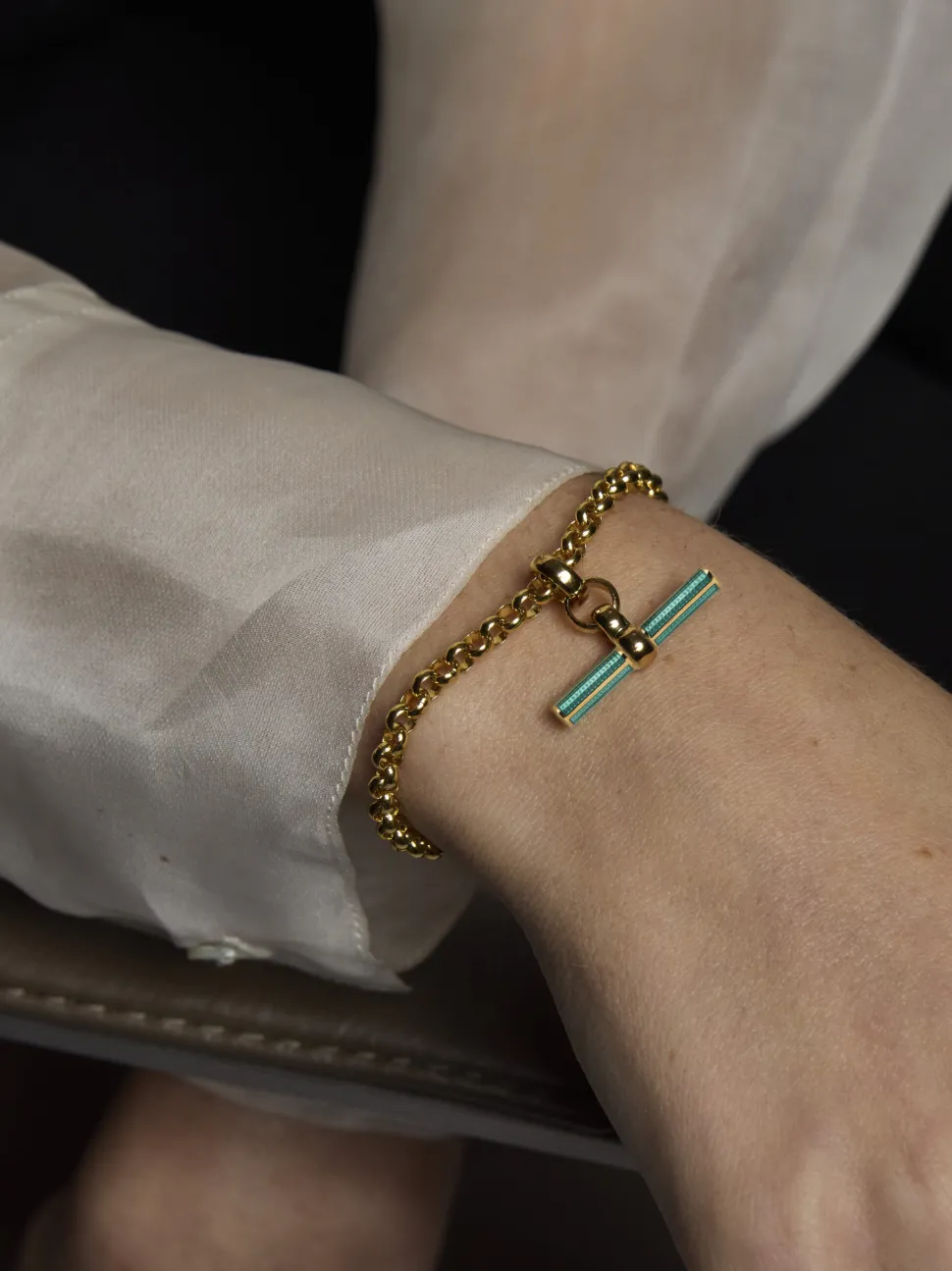 Turquoise Enamelled Small Gold T-bar on Belcher Bracelet