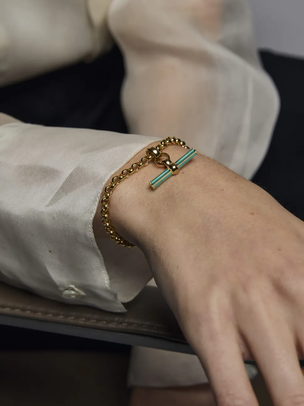 Turquoise Enamelled Small Gold T-bar on Belcher Bracelet